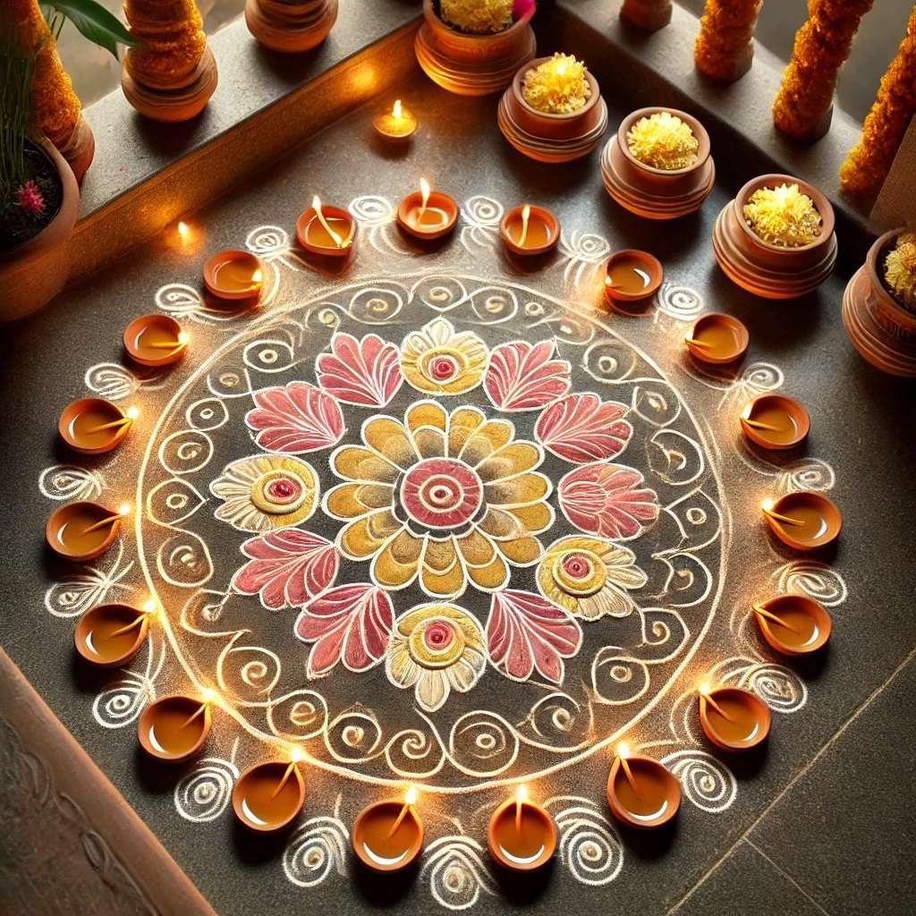 A colorful rangoli design on the floor, showcasing delightful Diwali decoration ideas for a festive atmosphere
