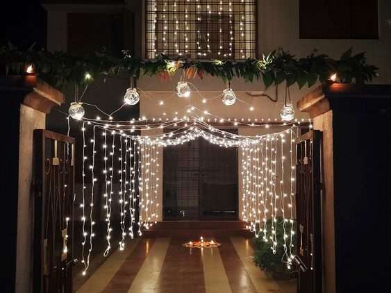 Festive lighting with fairy lights, creating a warm glow and enhancing the ambiance for Diwali decoration ideas
