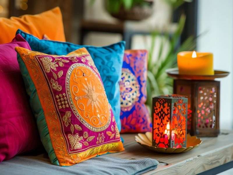 Colorful cushion covers with festive designs, perfect for enhancing your Diwali decorations and providing inspiring Diwali decoration ideas
